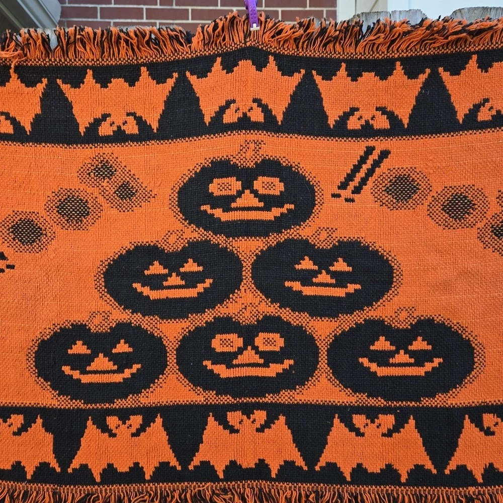 Vtg 1996 Windham Trading Pumpkin Halloween Tapestry Rug Throw Decor 30 X 48